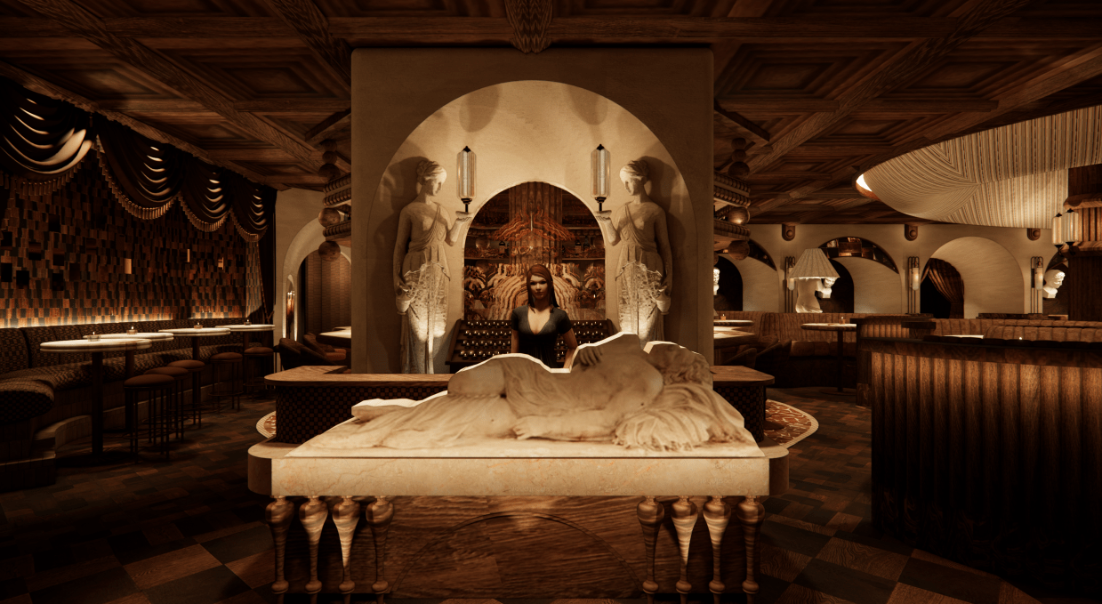 Woman stands behind host stand at Roman God of Fire.