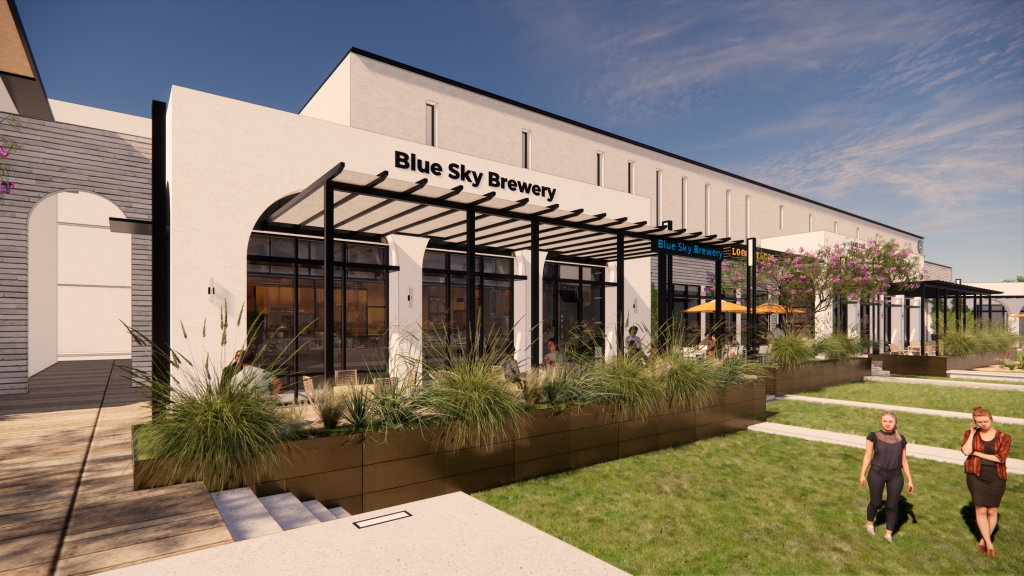 The entrance to a beige brewpub.