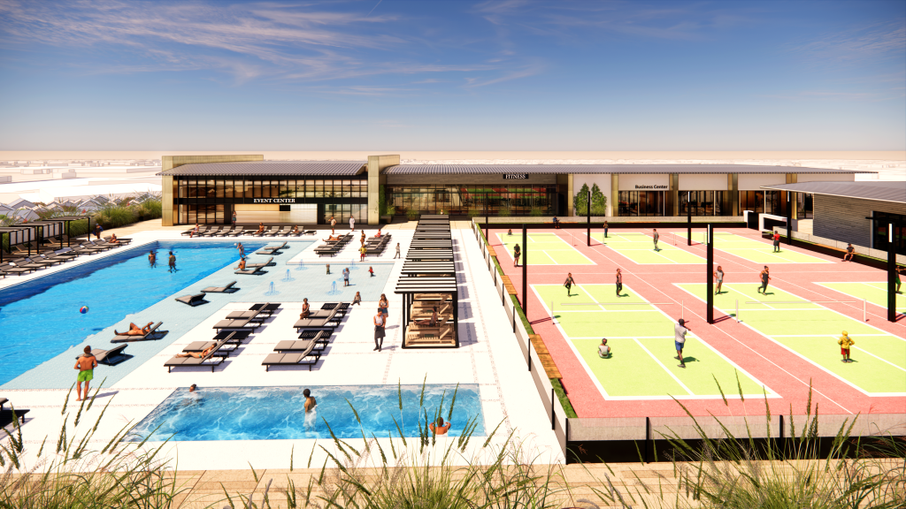 A rooftop deck with swimming pools and recreation facilities.