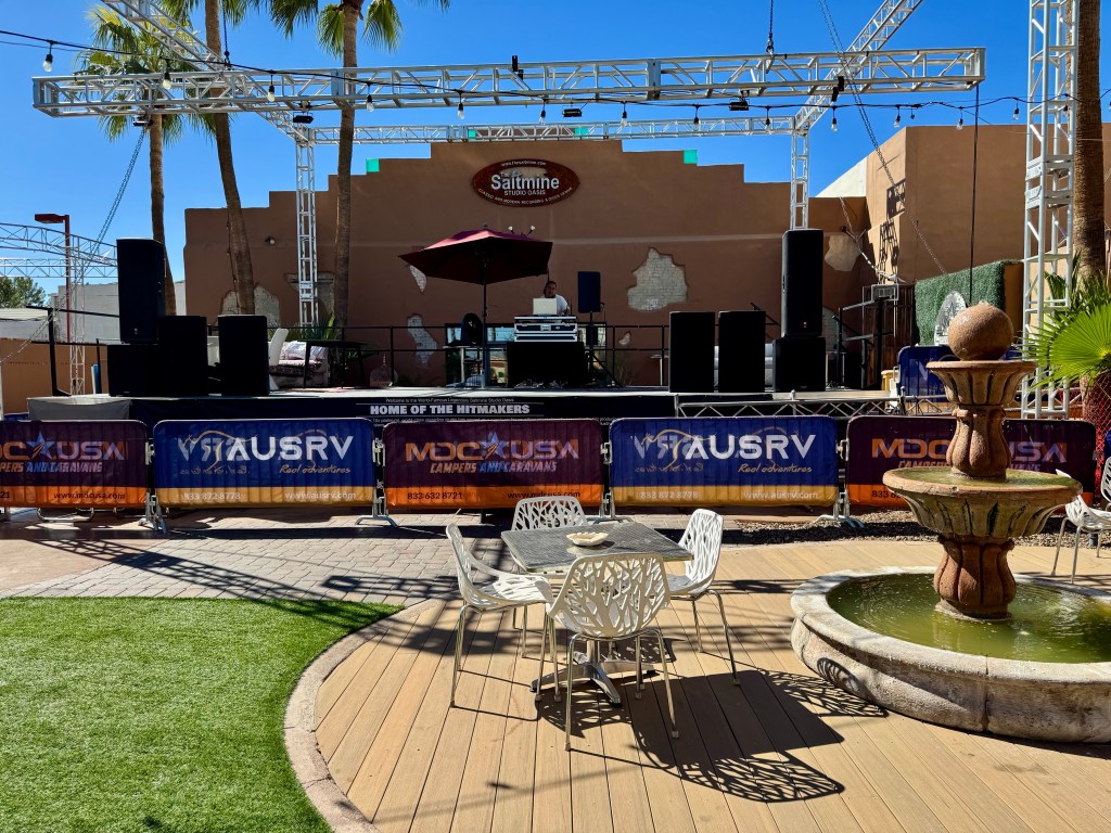 An outdoor stage in a courtyard