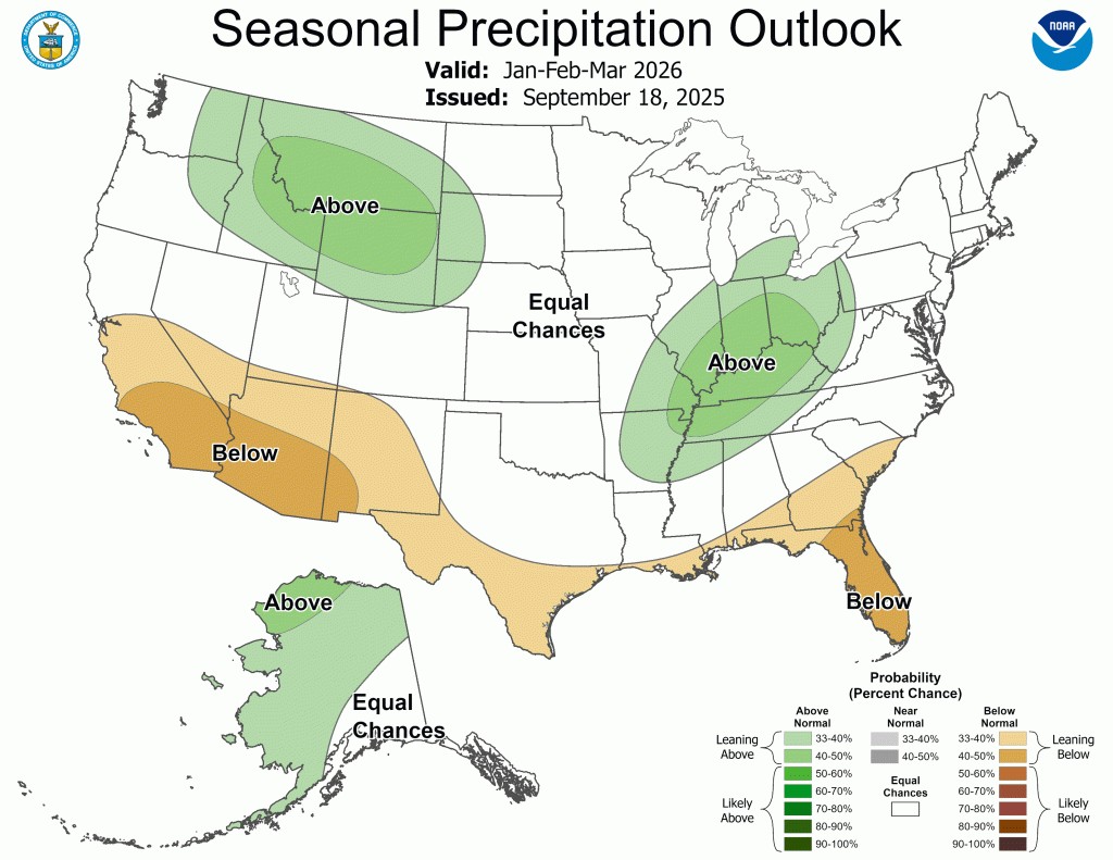 a map of precipitation conditions across the u.s. for the winter of 2026