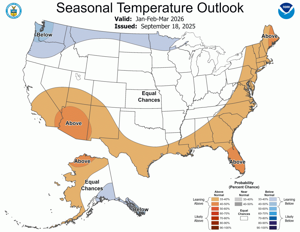 a map of predicted temperature conditions across the u.s. for the winter of 2026