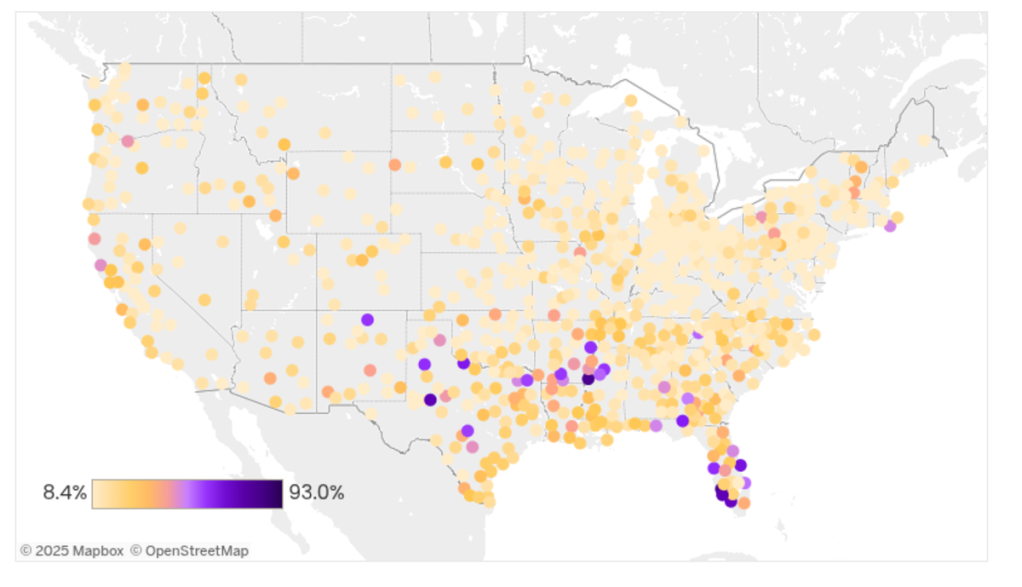 a map of the u.s. showing how many homes are losing value