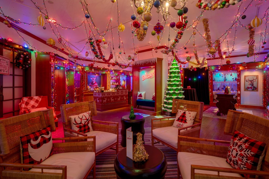 A festively decorated Christmas pop-up bar.