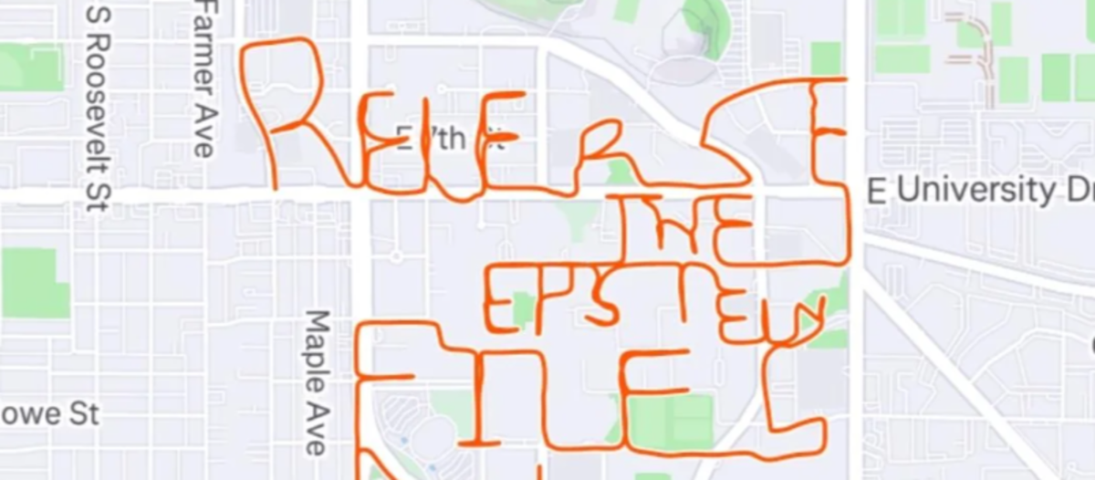 "release the epstein files now" traces out over a map of tempe