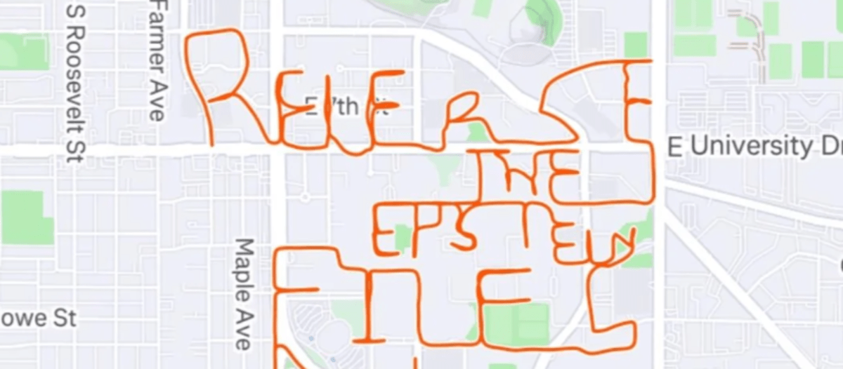 "release the epstein files now" traces out over a map of tempe