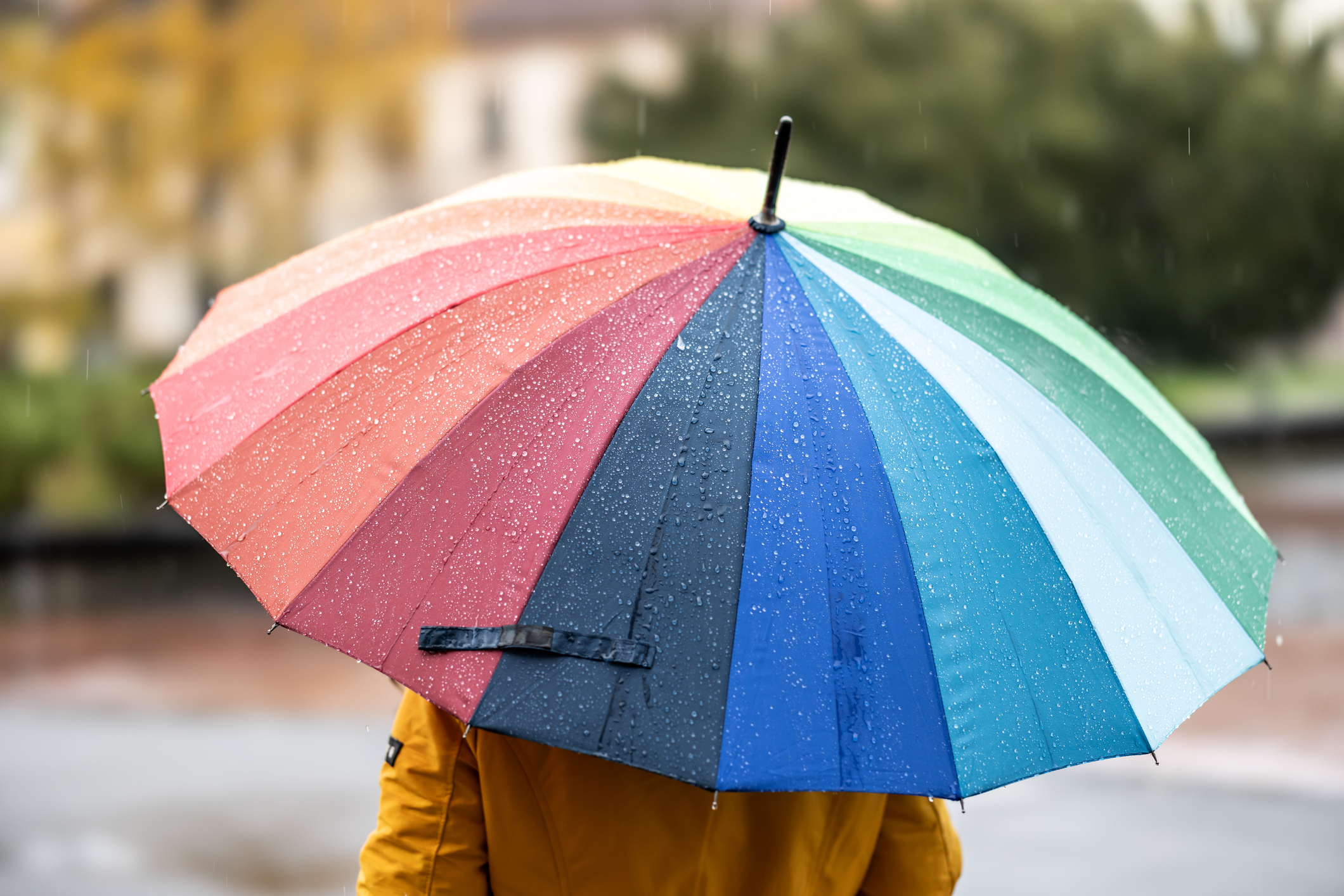 A person in a yellow jacket is protected by a large, rainbow-colored umbrella with raindrops, clearly indicating the late autumn rainy weather.