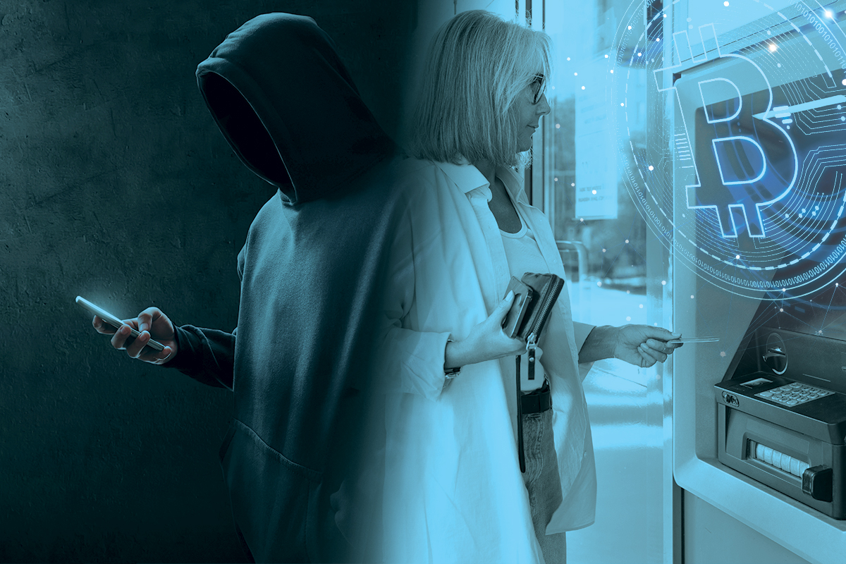 a man in a dark hoodie with a phone and an older woman at an ATM with a bitcoin sign over it