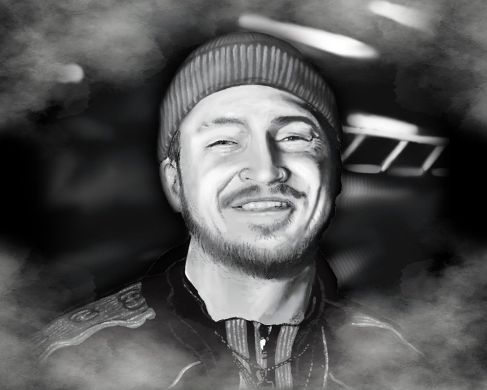 a black and white drawing of a younger man in a beanie