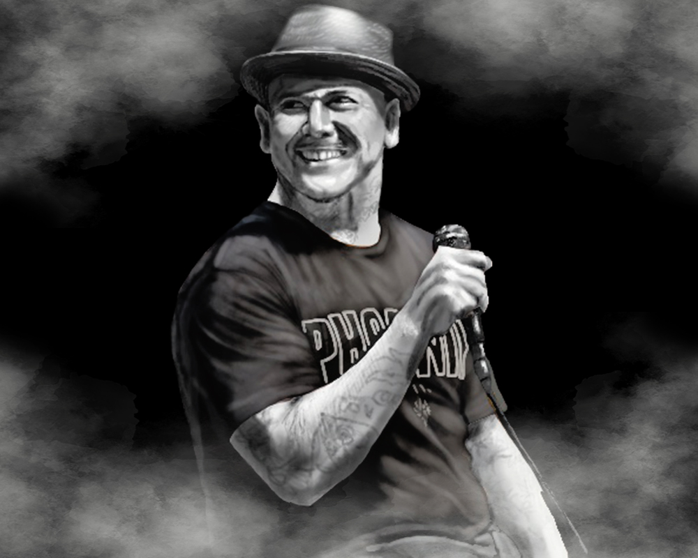 a black and white drawing of a man in a hat