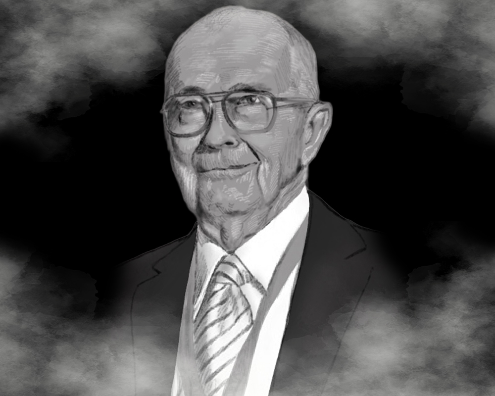 a black and white drawing of an older man in a suit