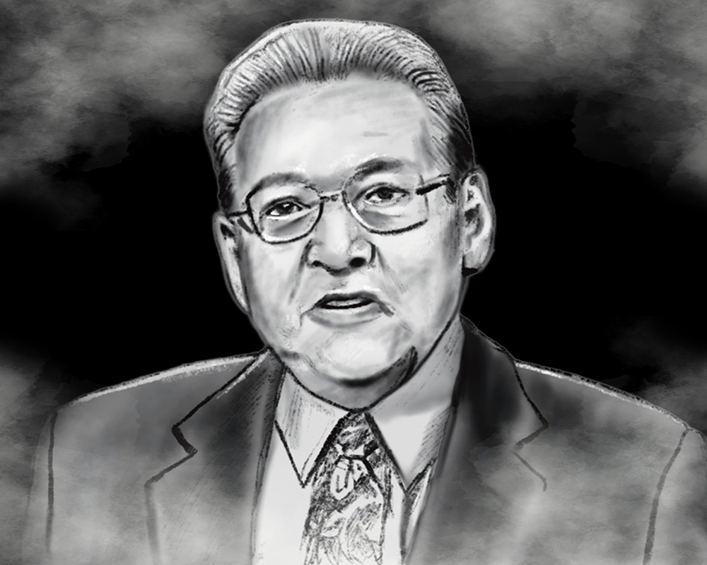 a black and white drawing of a man in glasses and a suit and tie