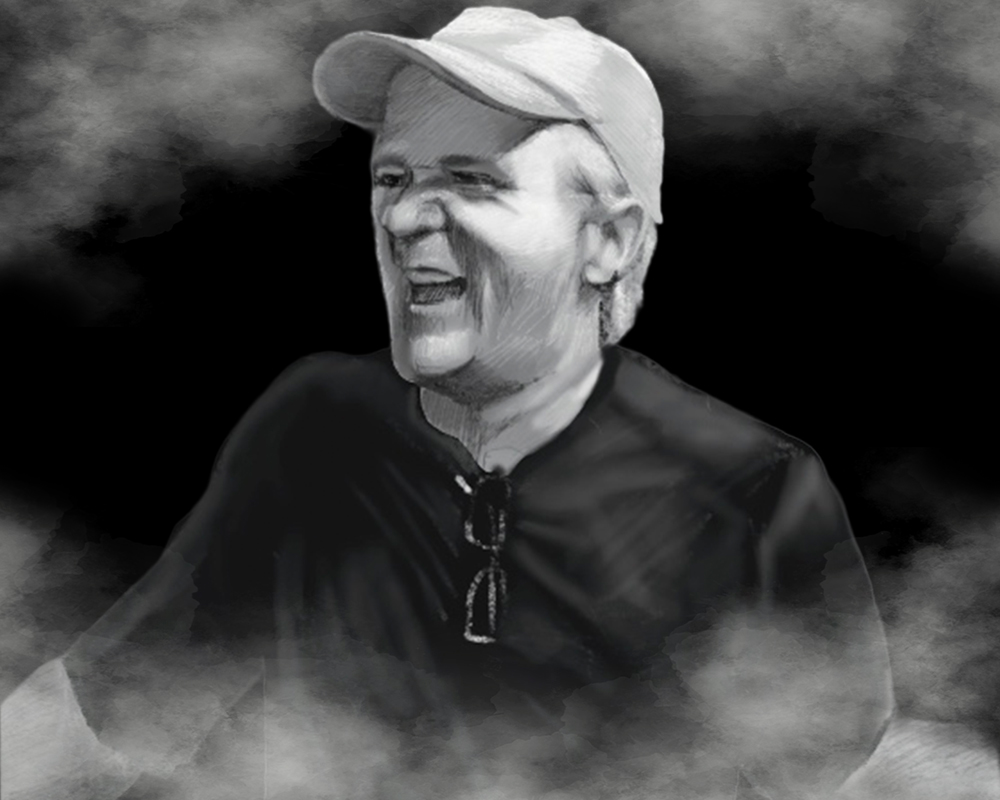 a black and white drawing of a man in a ht