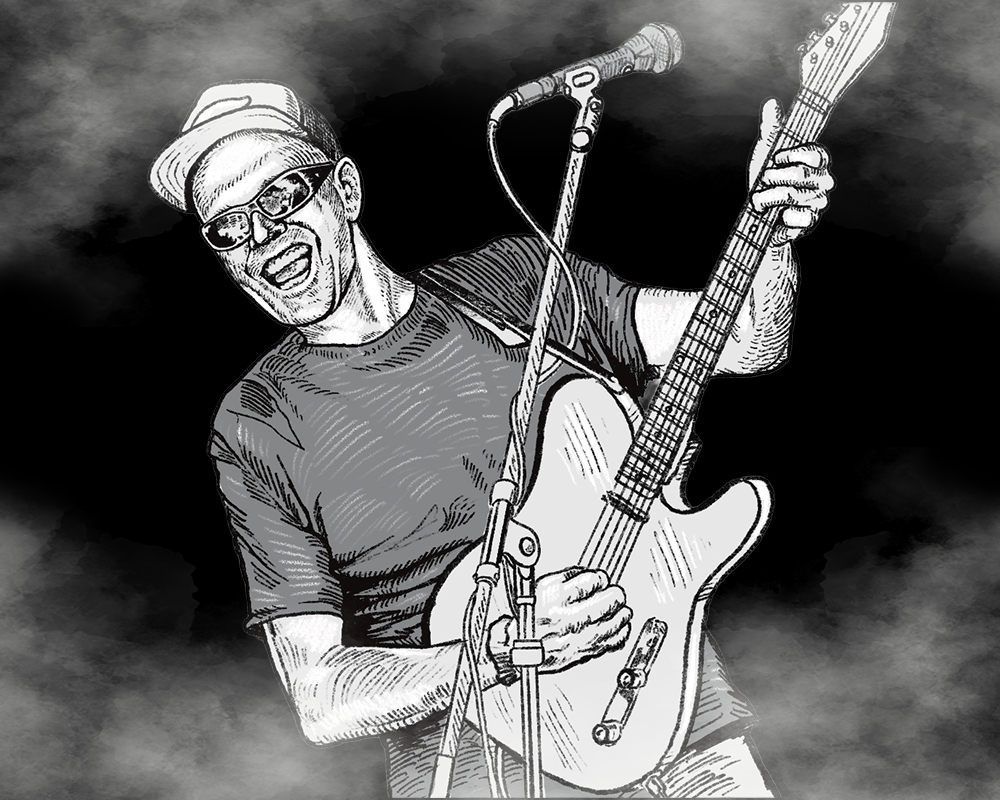 a black and white drawing of a man with a guitar