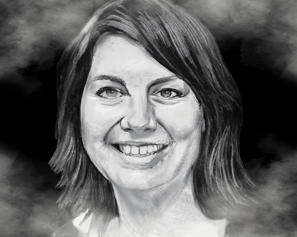 a black and white photo of a woman with dark har