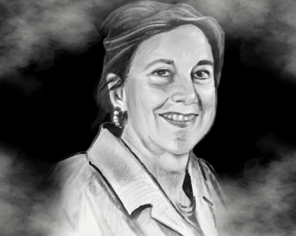 a black and white drawing of a woman