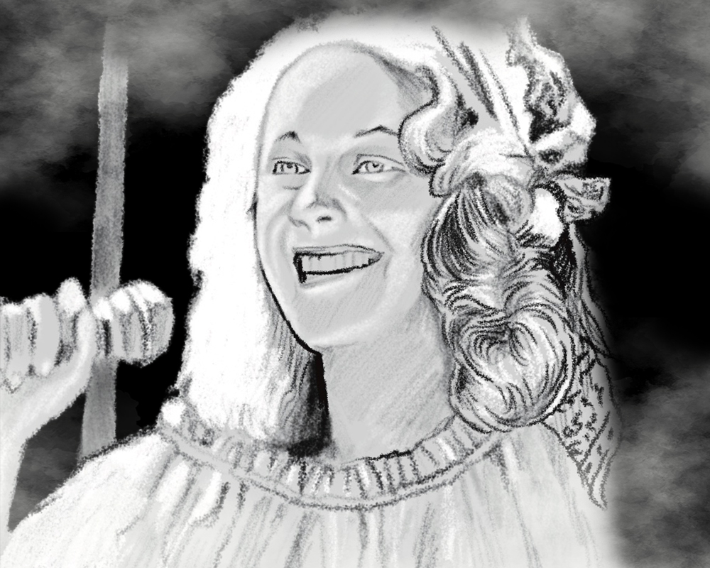 a black and white drawing of a woman with a microphone