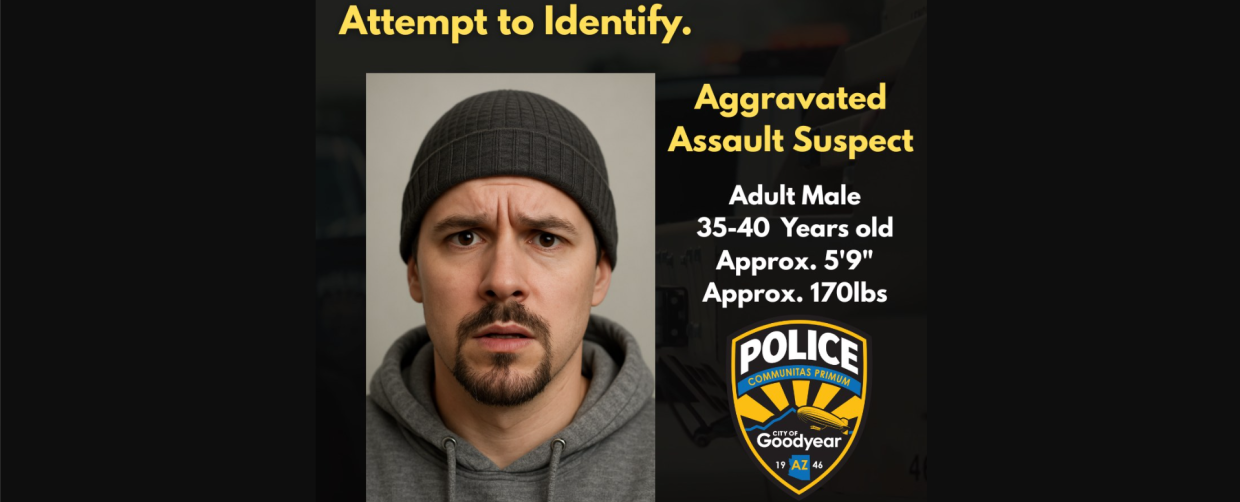 A Goodyear police bulletin featuring an AI-generated sketch of a suspect.