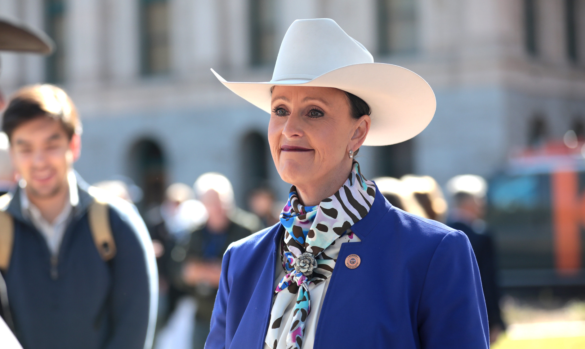 state sen. janae shamp in a white cowboy hat