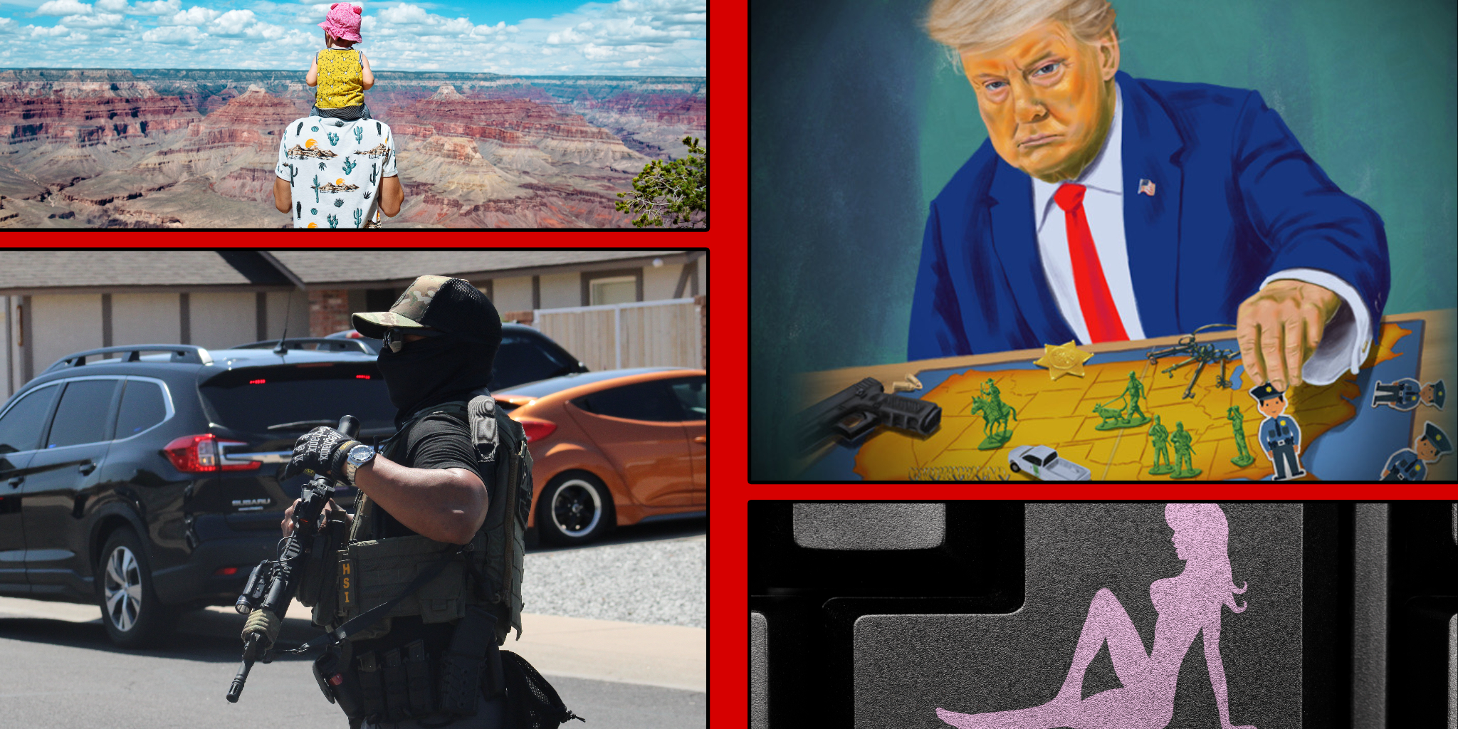 photos of a man and child at the grand canyon, an illustration of donald trump, an HSI agent with a gun and a women's silhouette on a computer keyboard