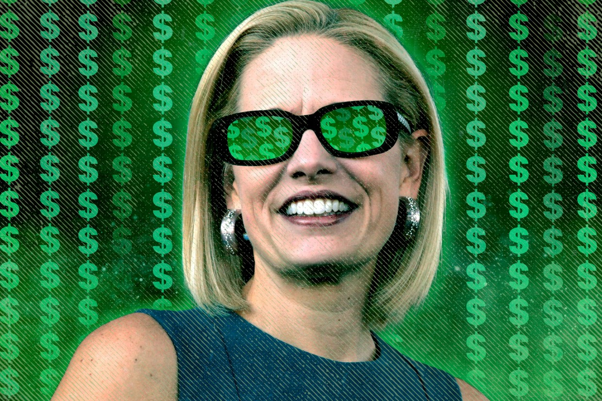 kyrsten sinema against a matrix-ish background with dollar signs on her eyes