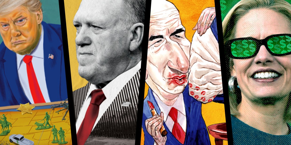 illustrations of donald trump, tom homan, brandon judd and kyrsten sinema