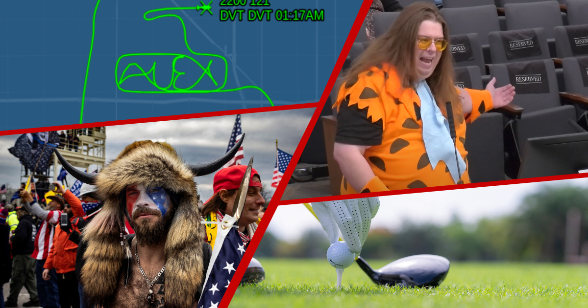 a collage of photos of a flight path spelling "alex," a man in a fred flintstone costum, the qanon shaman and a golffer