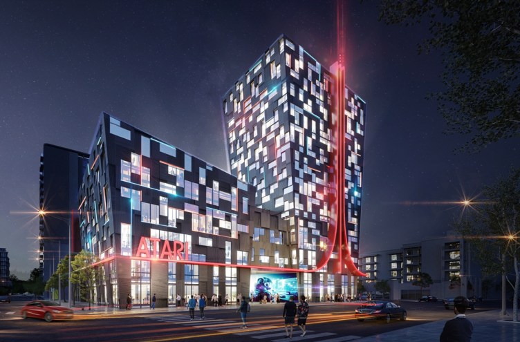 An artist's rendering of a glowing Atari-themed hotel.