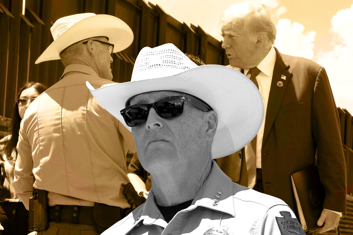 mark dannels stands in a cowboy hat in sungalsses superimposed over an image of him shaking donald trump's hand
