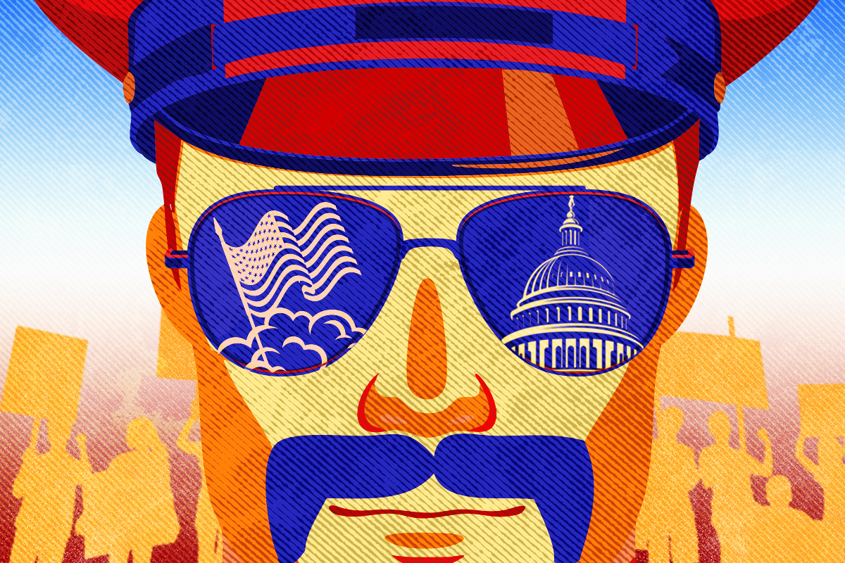 an illustration showing the capitol in the glasses of a police officer