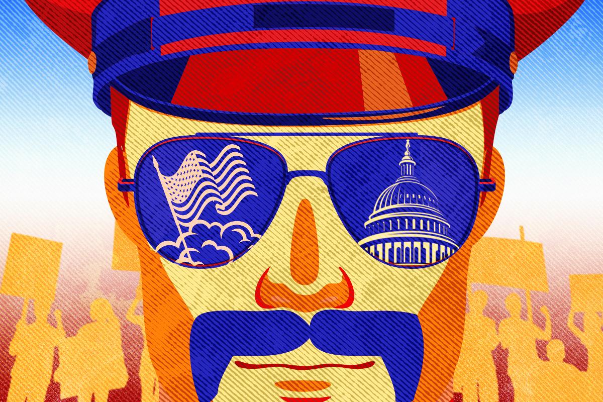 an illustration showing the capitol in the glasses of a police officer