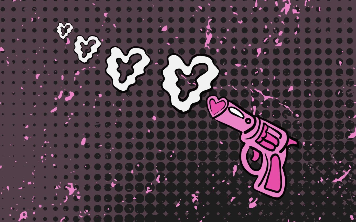 a pink gun shooting smoke rings shaped like hearts