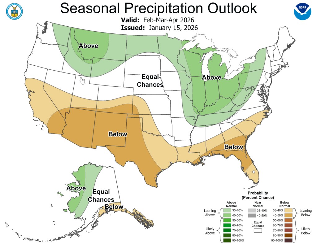 a map showing forecasted precipitation in the u.s. for spring 2026