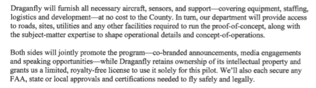 An excerpt of the memo outlining the agreement between Draganfly and the Cochise County Sheriff's Office.