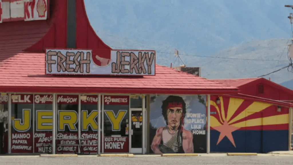a beef jerkey store with rambo on it