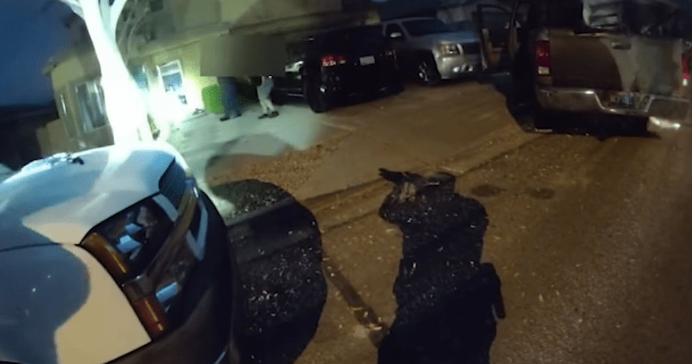 body worn camera footage showing the silhouette of an armed officer in front of a house