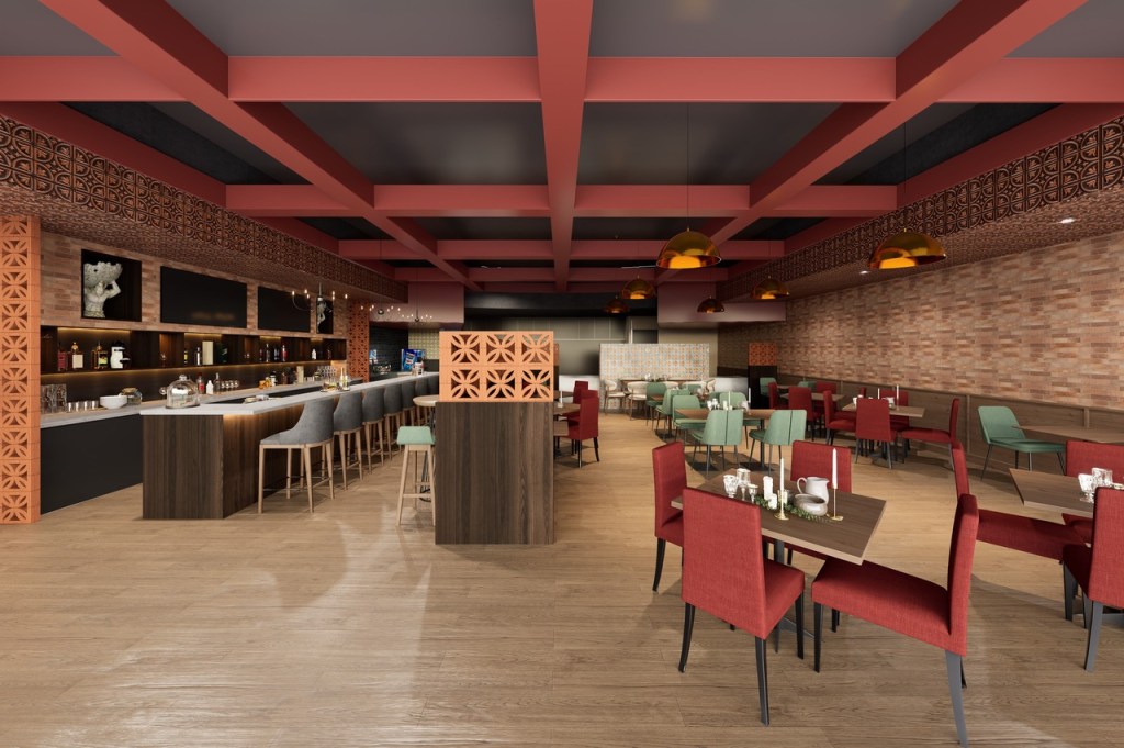 A rendering of restaurant bar and dining room