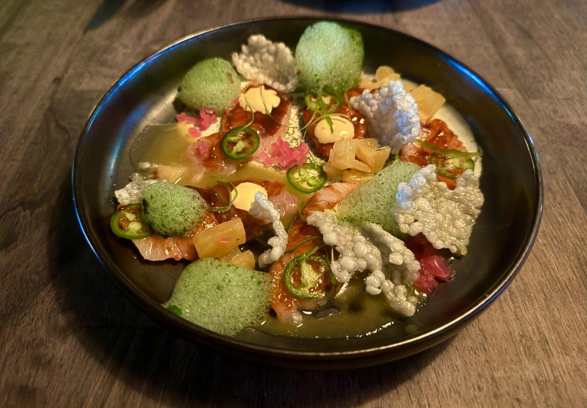 A colorful, artfully plated al pastor-inspired crudo from Pretty Penny