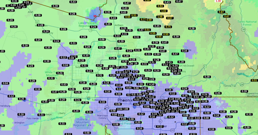 a map showing rainfall totals across the phoenix area