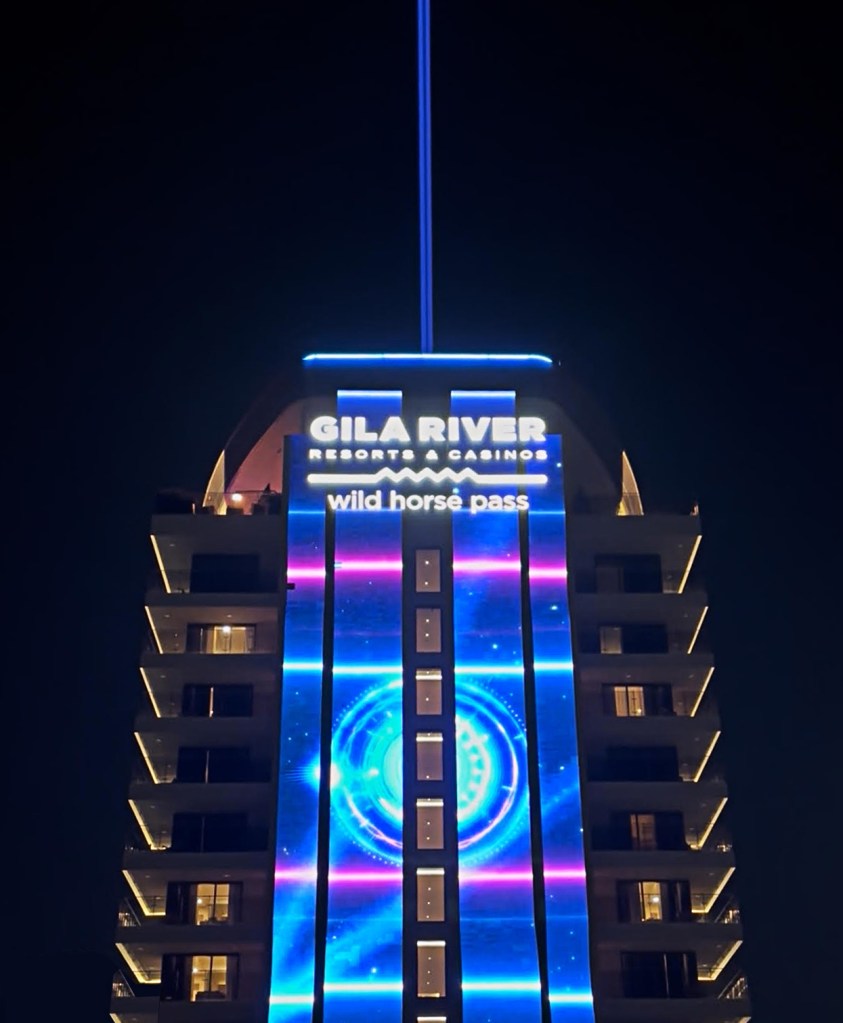 The Gila Beam shoots into the night sky above Gila River Casino and Hotel Wild Horse Pass in Chandler.