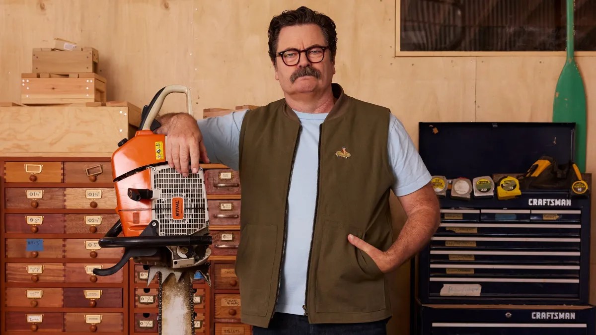 Nick Offerman wants you to get off your damn phone and touch wood