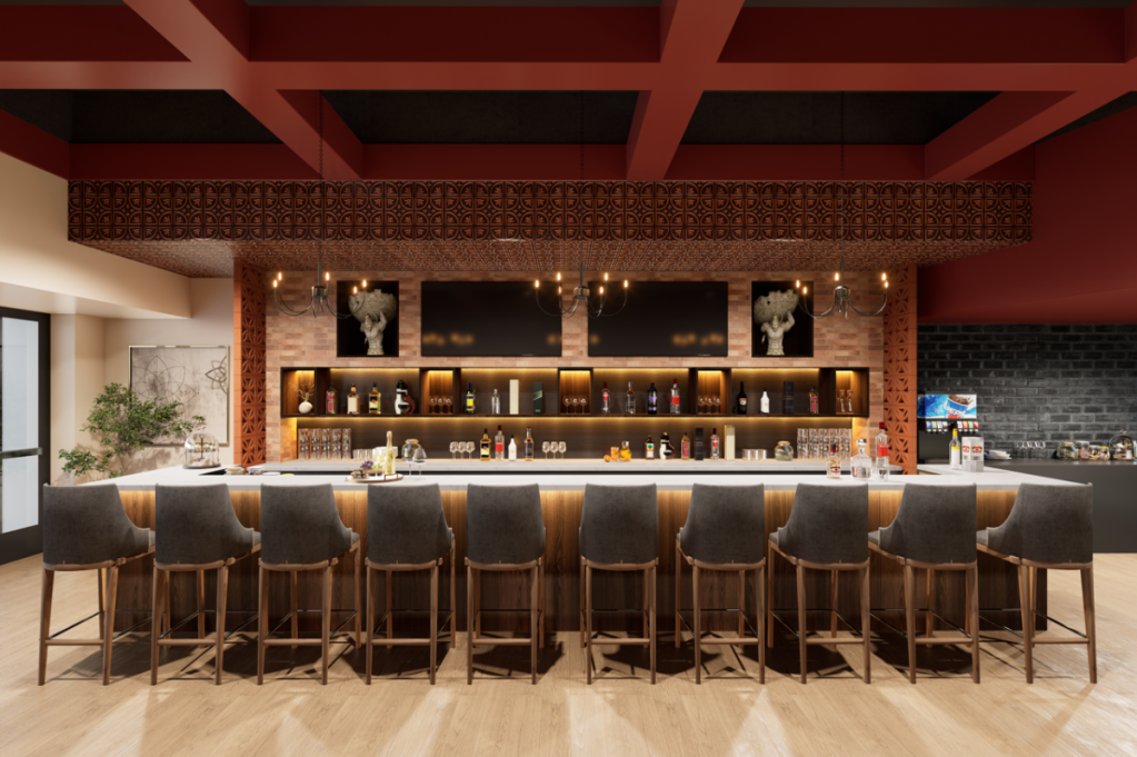 A modern bar with southwestern tiles.