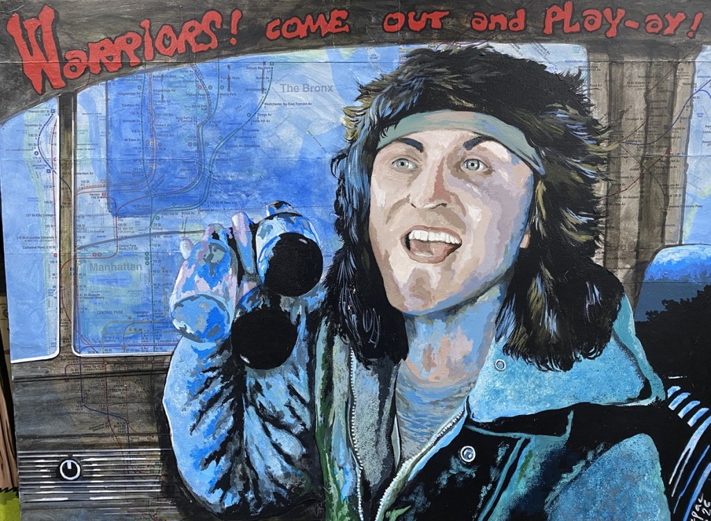 A close-up photo of a painting of Luther from "The Warriors" by artist Jeremie “Bacpac” Franko.