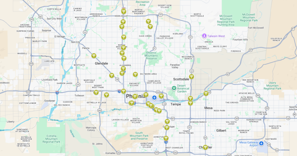 a map showing the location of anti-ICE billboards across the Phoenix area. most are concentrated on major highways