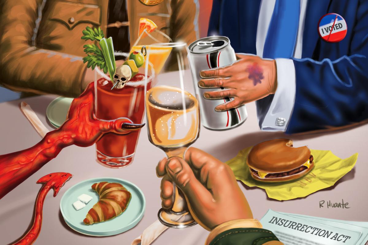 an illustration of four people -- seen only by their torsos or arms -- clinking glasses at a brunch, one bears a resemblance to donald trump, with a bruise on his hand, which holds a diet coke. an open cheeseburger sits below his arm. another belongs to a military general, who has a copy of the insurrection act nearby. a third is a sheriff and the fourth is the devil