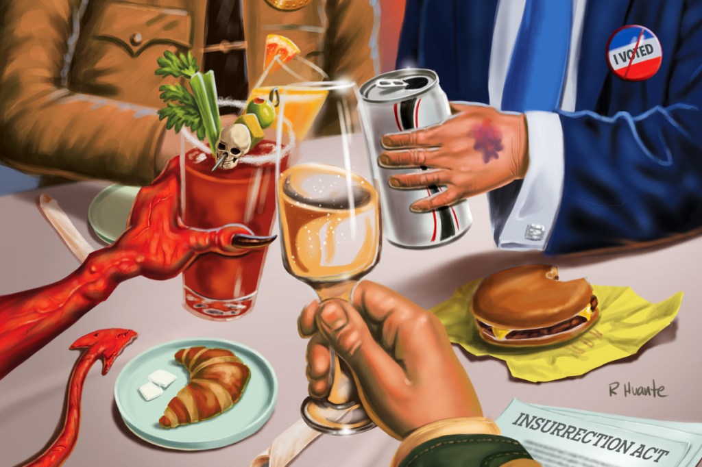 an illustration of four people -- seen only by their torsos or arms -- clinking glasses at a brunch, one bears a resemblance to donald trump, with a bruise on his hand, which holds a diet coke. an open cheeseburger sits below his arm. another belongs to a military general, who has a copy of the insurrection act nearby. a third is a sheriff and the fourth is the devil