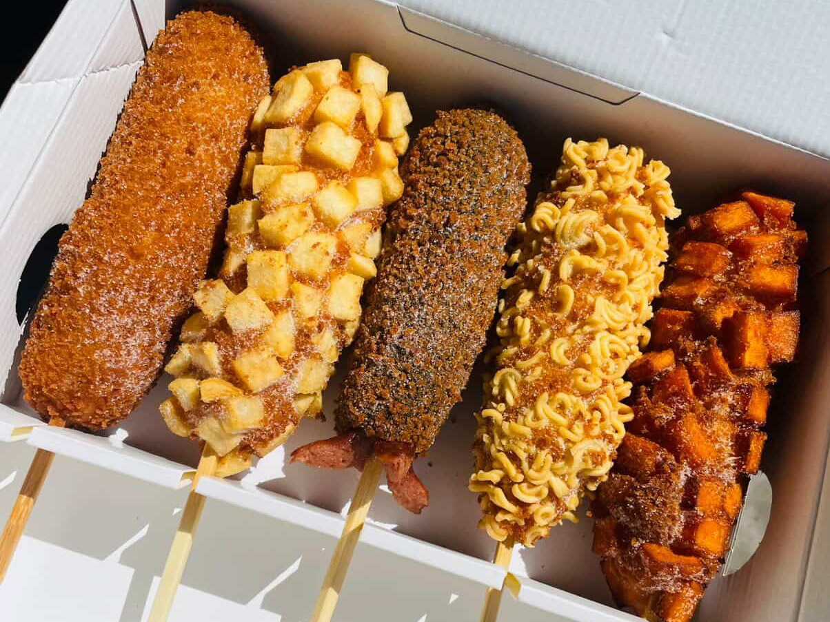 A box of five Korean-style corn dogs from Myungrang Hotdog.