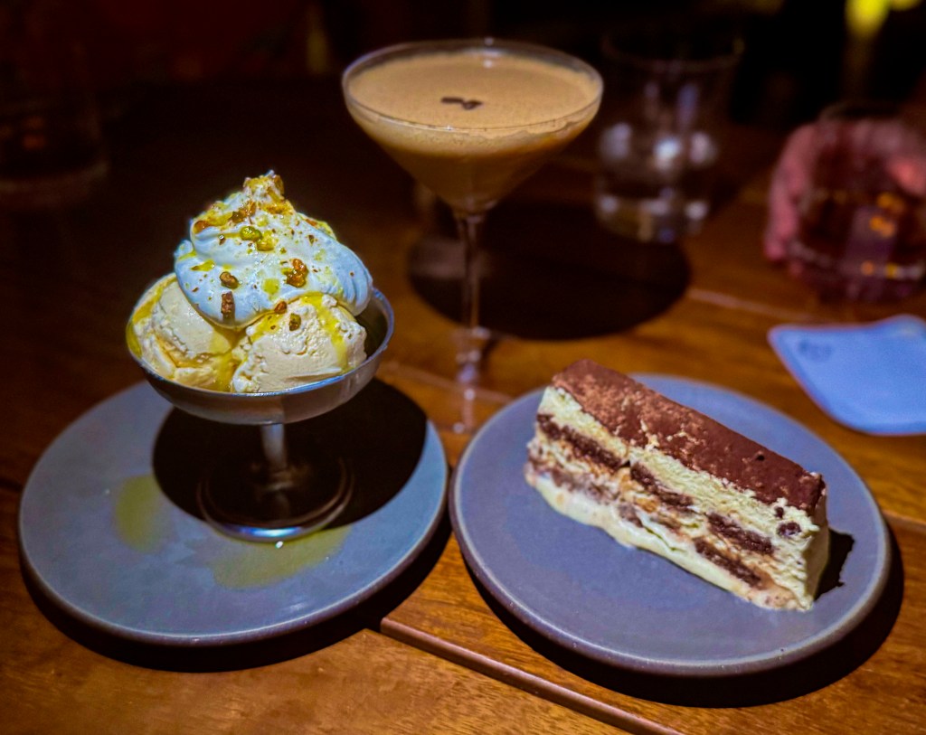 A sundae, slice of tiramisu and an espresso martini from il Bracco.