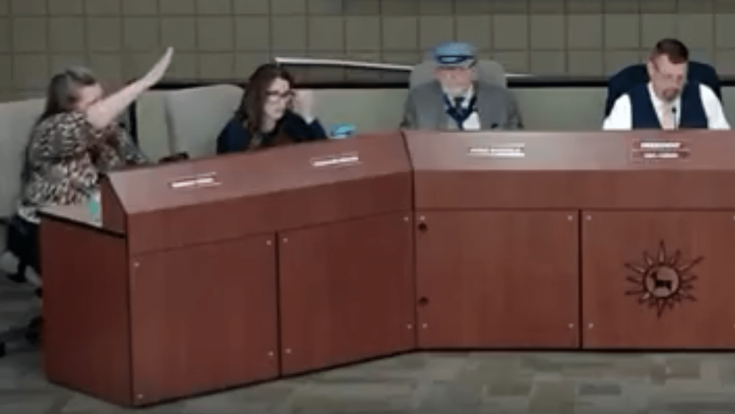 people at a board meeting. a woman on a right gives a nazi salute