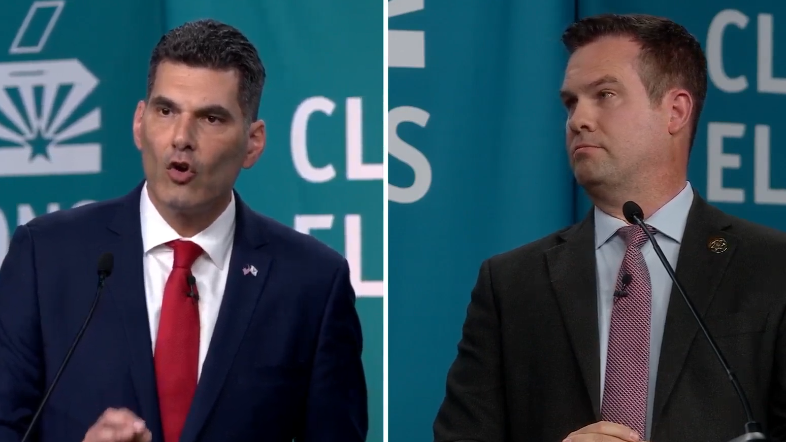 a split screen of rodney glassman and warren petersen during a debate